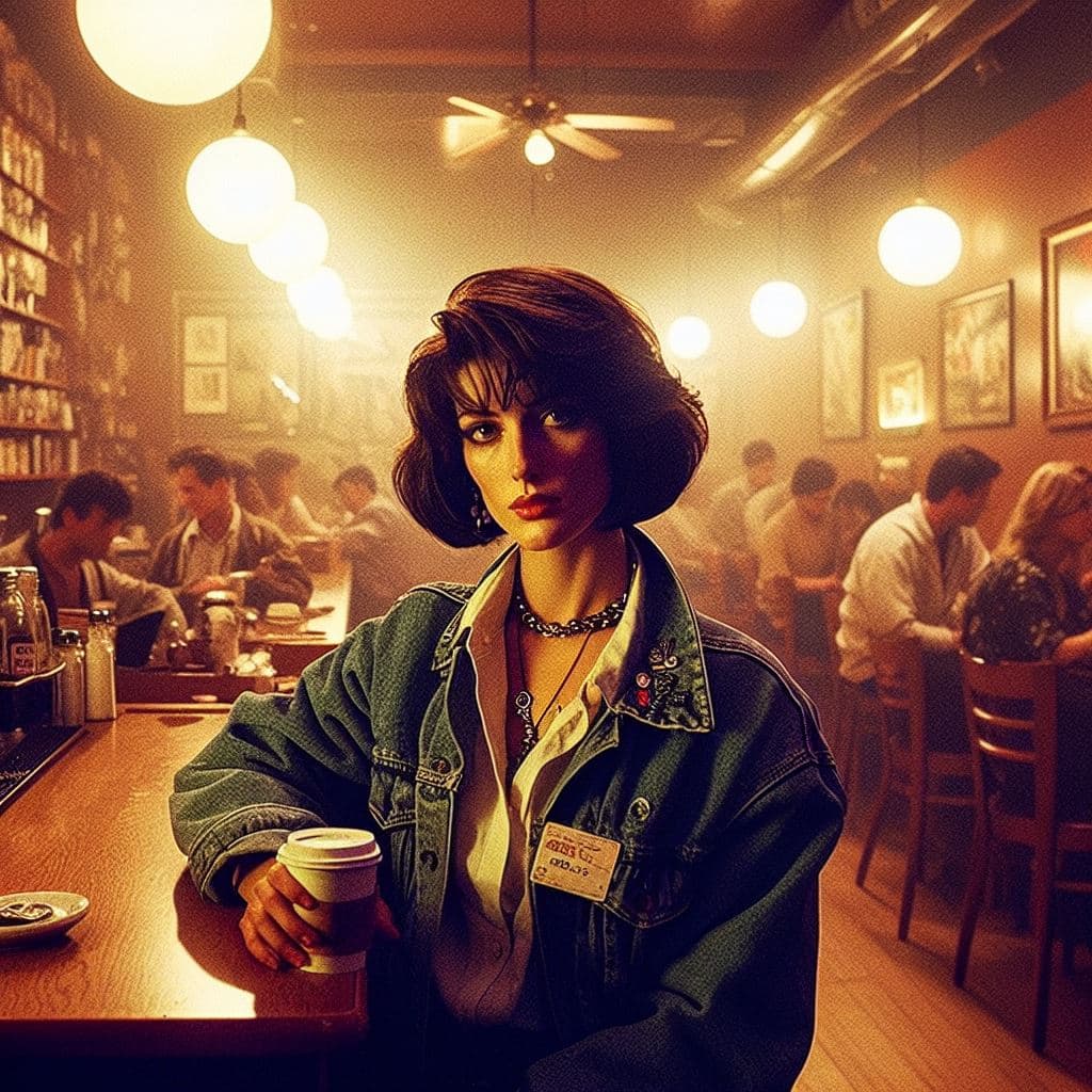AI generated: In a frugal cofeeshop of 90s san francisco, a confident, lavish woman falls deeply in love with his ...