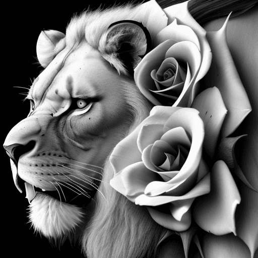 AI generated: Lions, angry, black and white, rose flowers, japonese style, close-up
