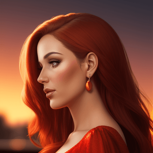 AI generated: Glam shot photo of a pretty lady, side view portrait, red dress, golden hour, digital colors, realis...
