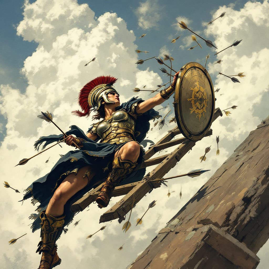 AI generated: Female roman legionnaire falling off a tall ladder, full of arrows
