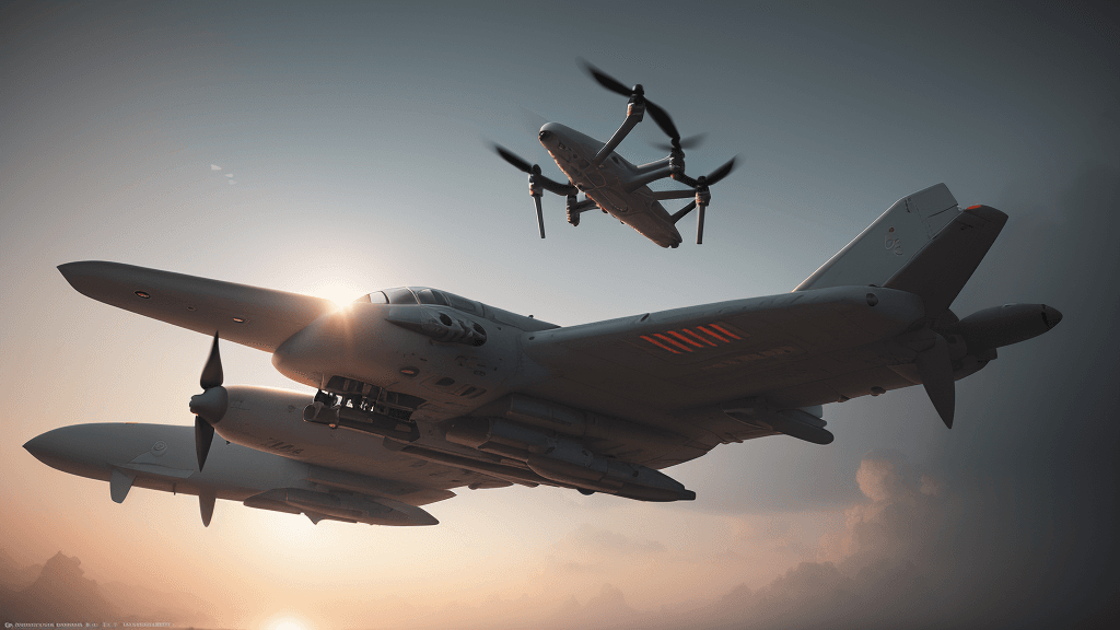 AI generated: Photo of a ultra realistic bomber drone, tense light, pale sunrise, cinematic lighting, battered, lo...