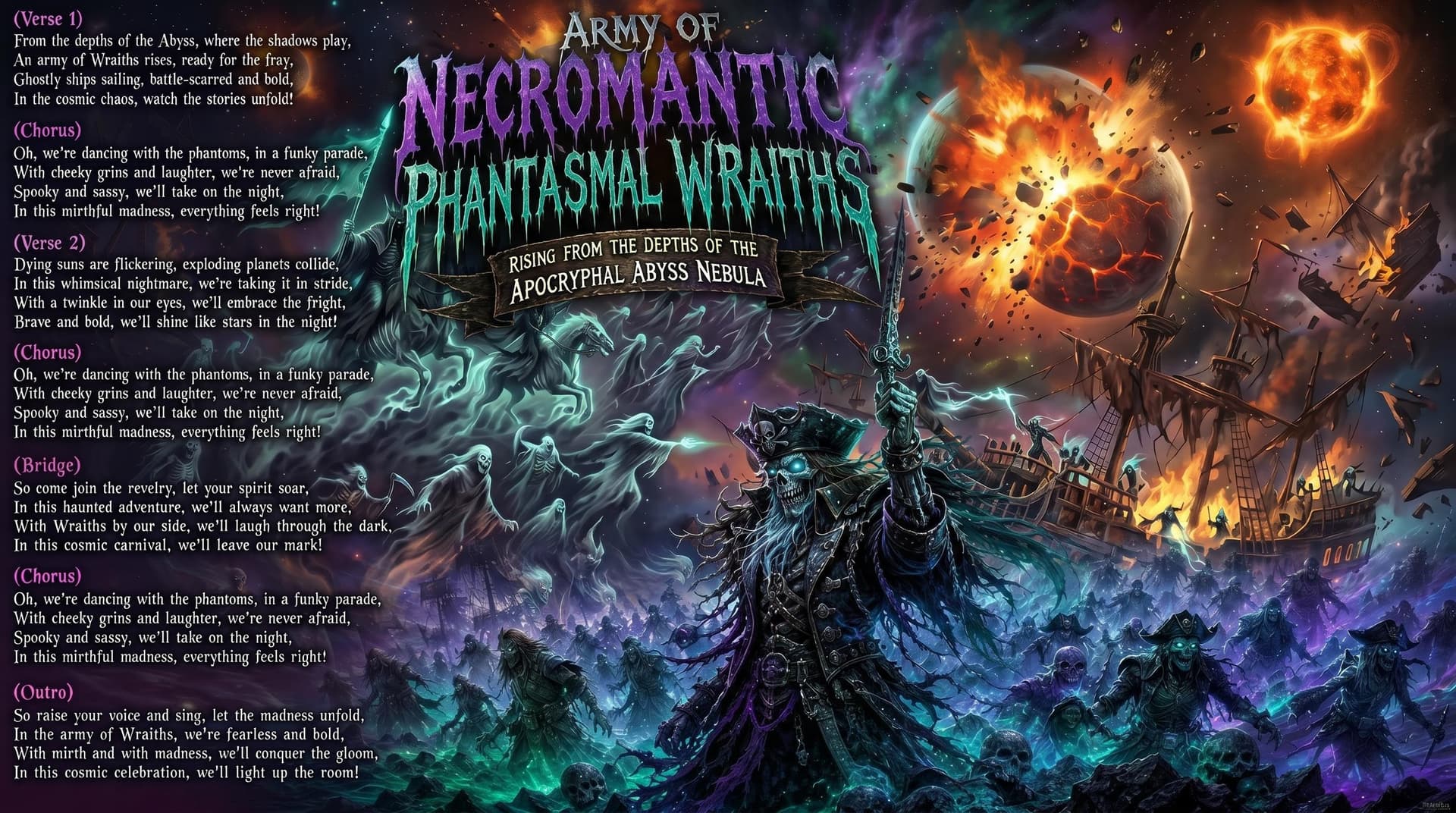 AI generated: Army of Necromantic phantasmal Wraiths, rising from the depths of the Apocryphal Abyss Nebula, ghost...