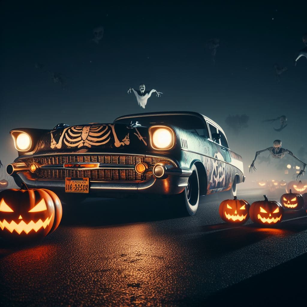 AI generated: a 1955 Chevy Nomad with Halloween skeleton graphics and micro fire pumpkin graphics running from sca...