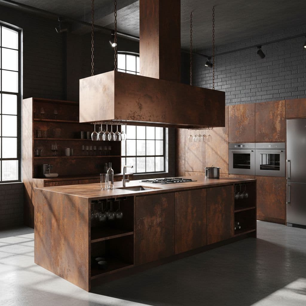 AI generated: modern industrial kitchen design with a central island crafted from rusted metal, surrounded by matc...