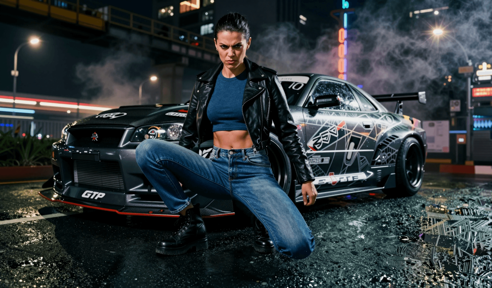 AI generated: Automotive editorial featuring a woman in full body tight denim jeans and cropped leather jacket, Sq...
