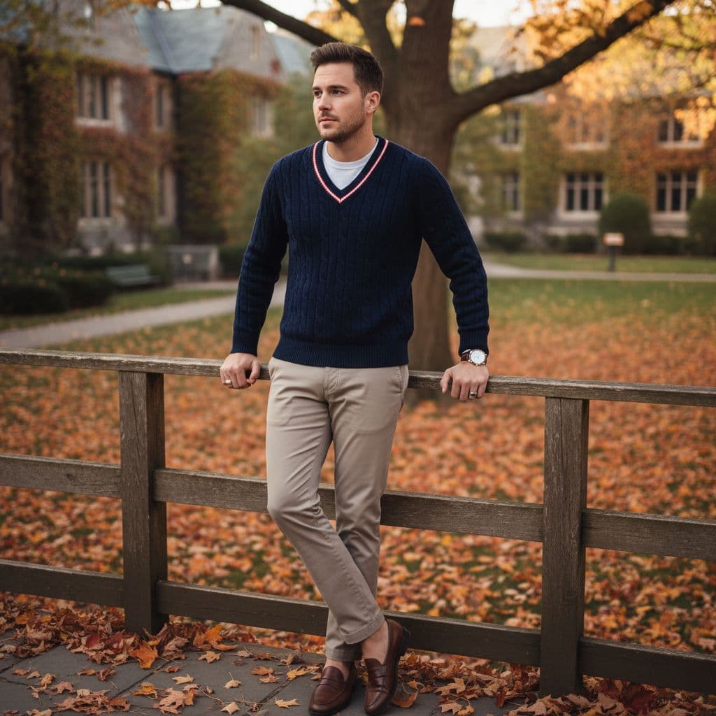 AI generated: Subject: An elegant late-20s man. Clothing: Navy blue cable-knit cricket sweater over a white t-shir...