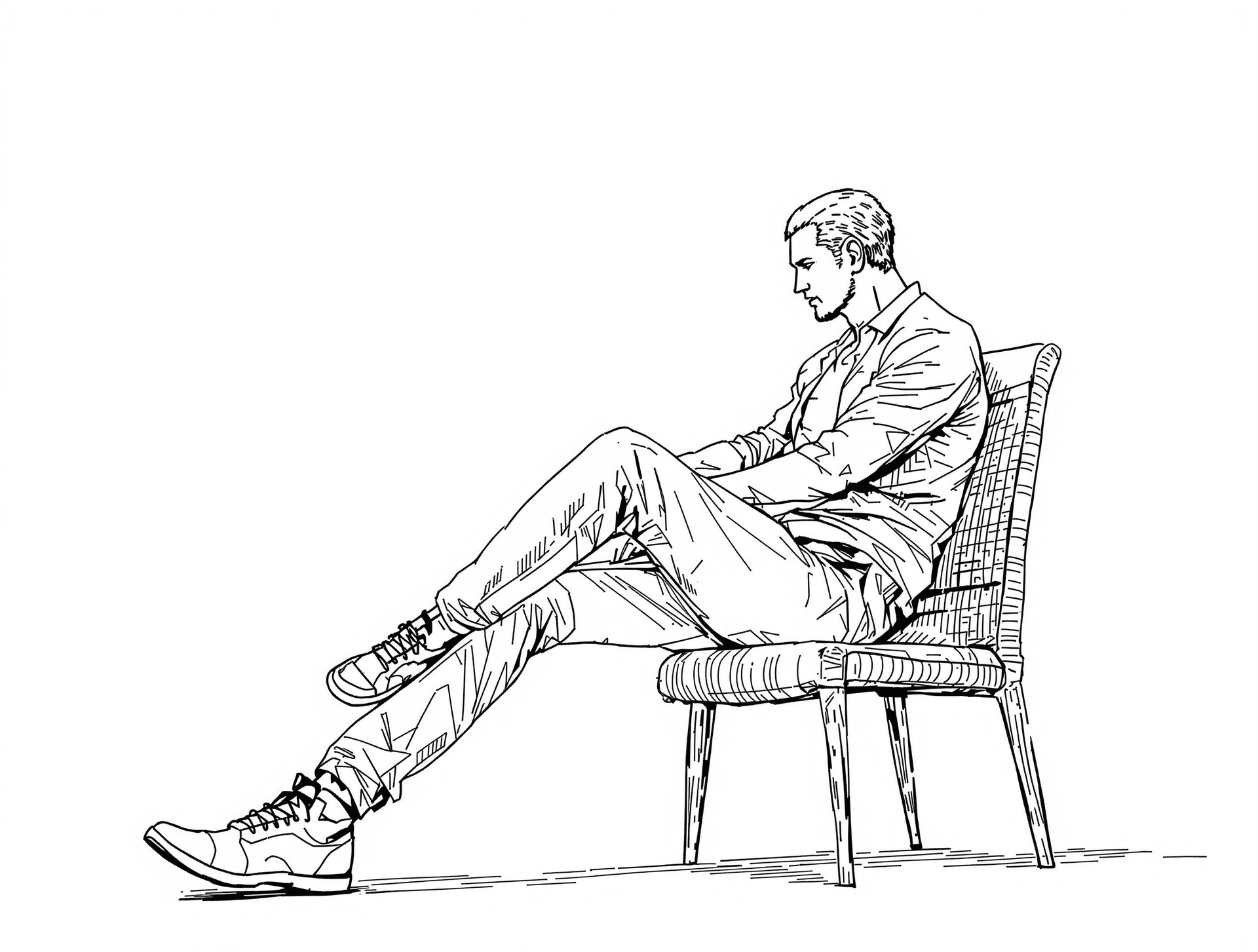 AI generated: A man sit on chair, black lines white background, clean simple line art, no background, clean colori...