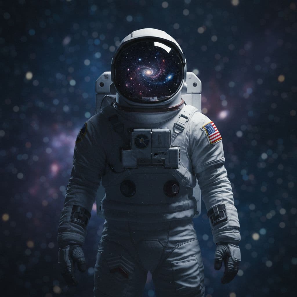 AI generated: "A cinematic portrait of an astronaut in center frame. Deep space visible in helmet reflection. Shad...