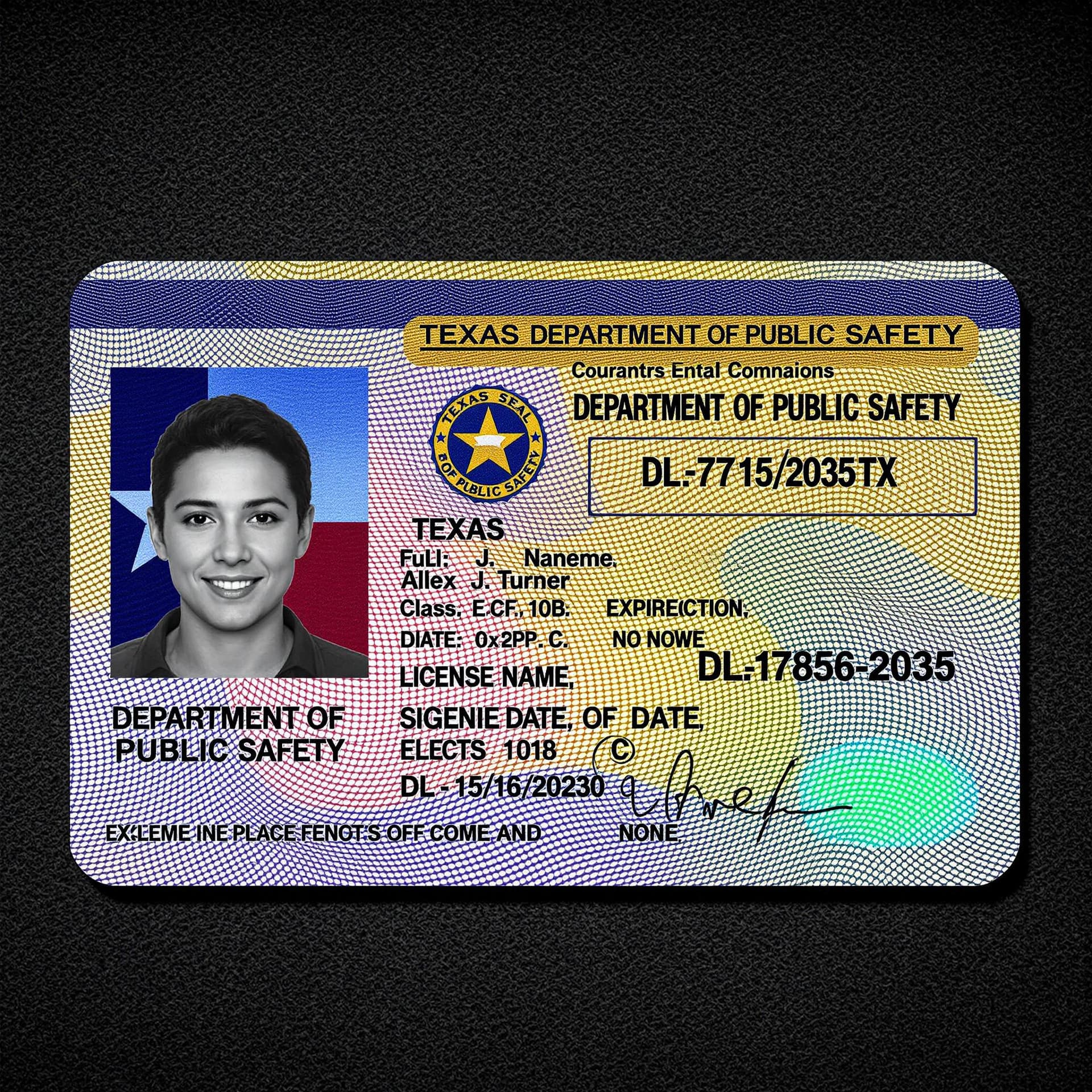AI generated: "Create a high-resolution, photorealistic image of a Texas driver’s license template, featuring:

...