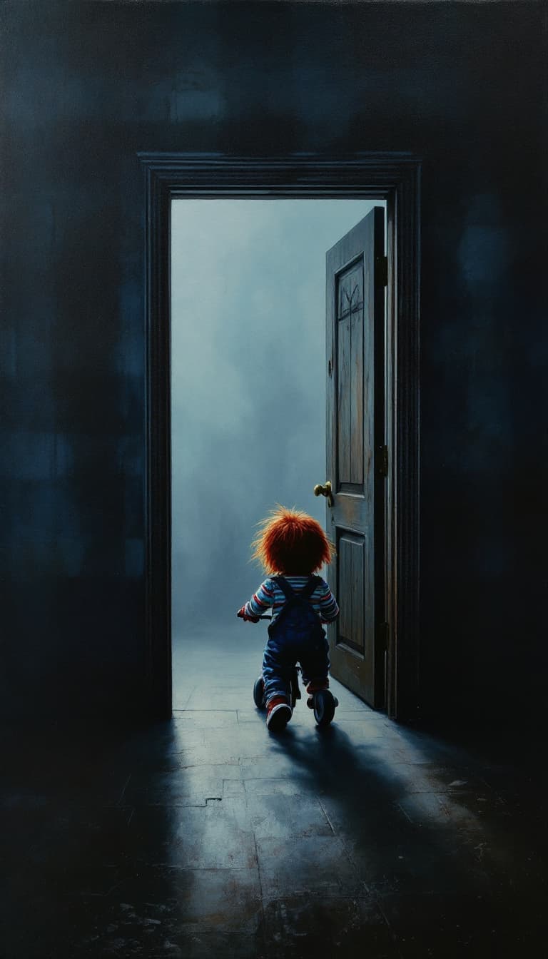 AI generated: Envision a surreal oil painting of a foggy scene featuring only a plaid wooden door frame with the d...