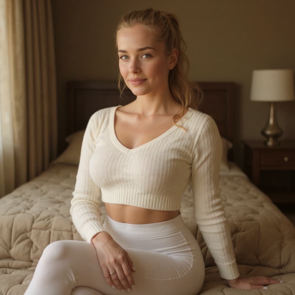AI generated: fantasy art, woman , young, messy ponytail dark blonde hair, grey  eyes, sitting on sofa, small brea...