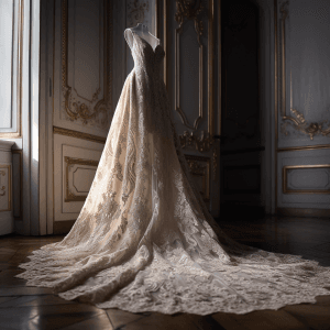 AI generated: most elegant evening gown made with lace and silk trim, ivory+ blush+ champagne colors, product phot...