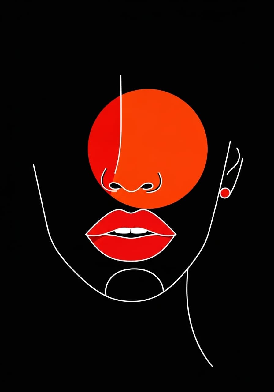AI generated: Abstract illustration of a stylized face with bold red lips and an overlapping orange-red circle on ...