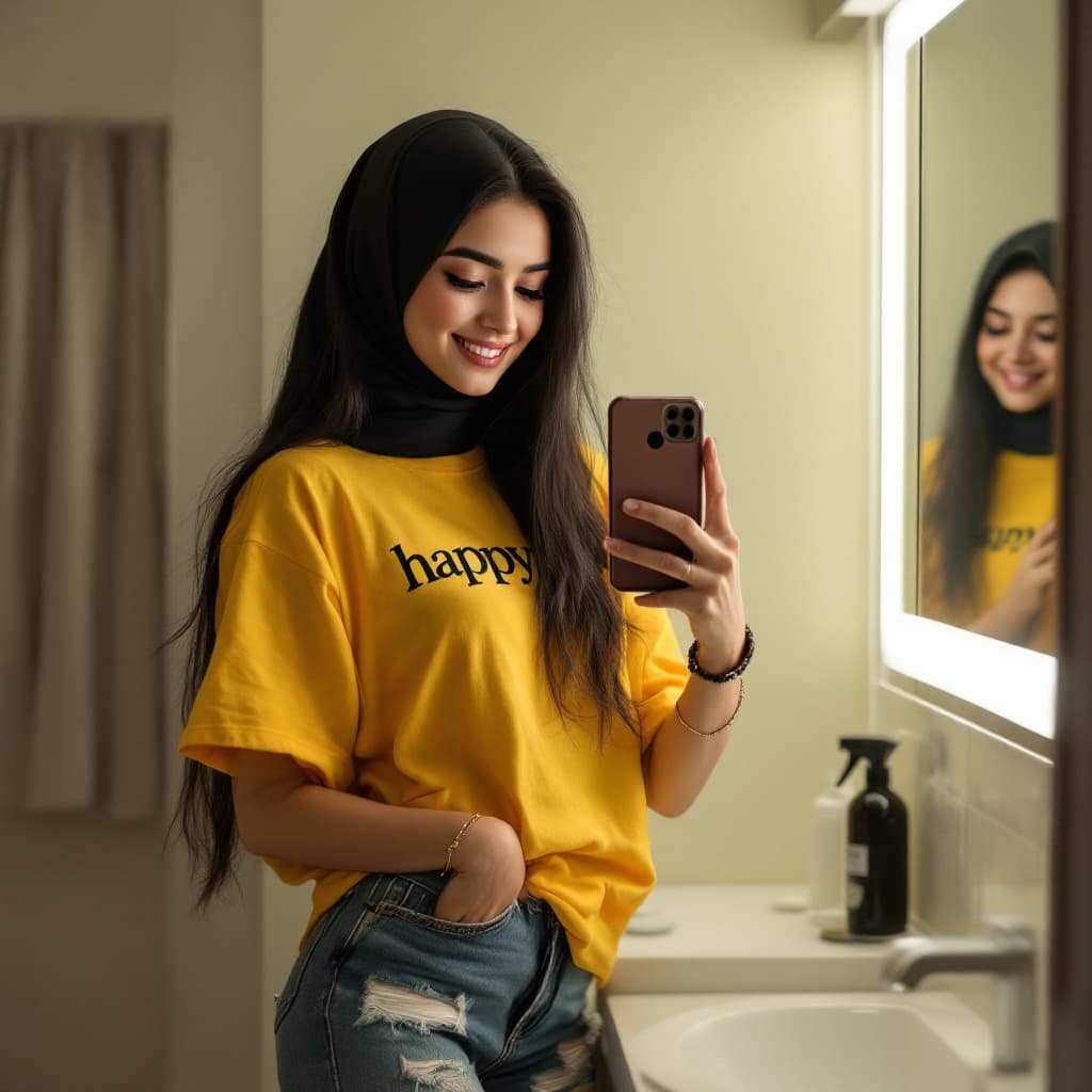AI generated: A young muslim women with long black hair and wearing hijab is taking a selfie in her bathroom. She ...