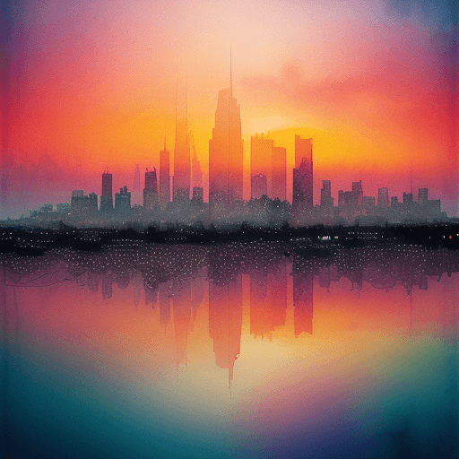 AI generated: City skyline across the water at sunset, Spiriling Double exposure Digital watercolor Illustration o...