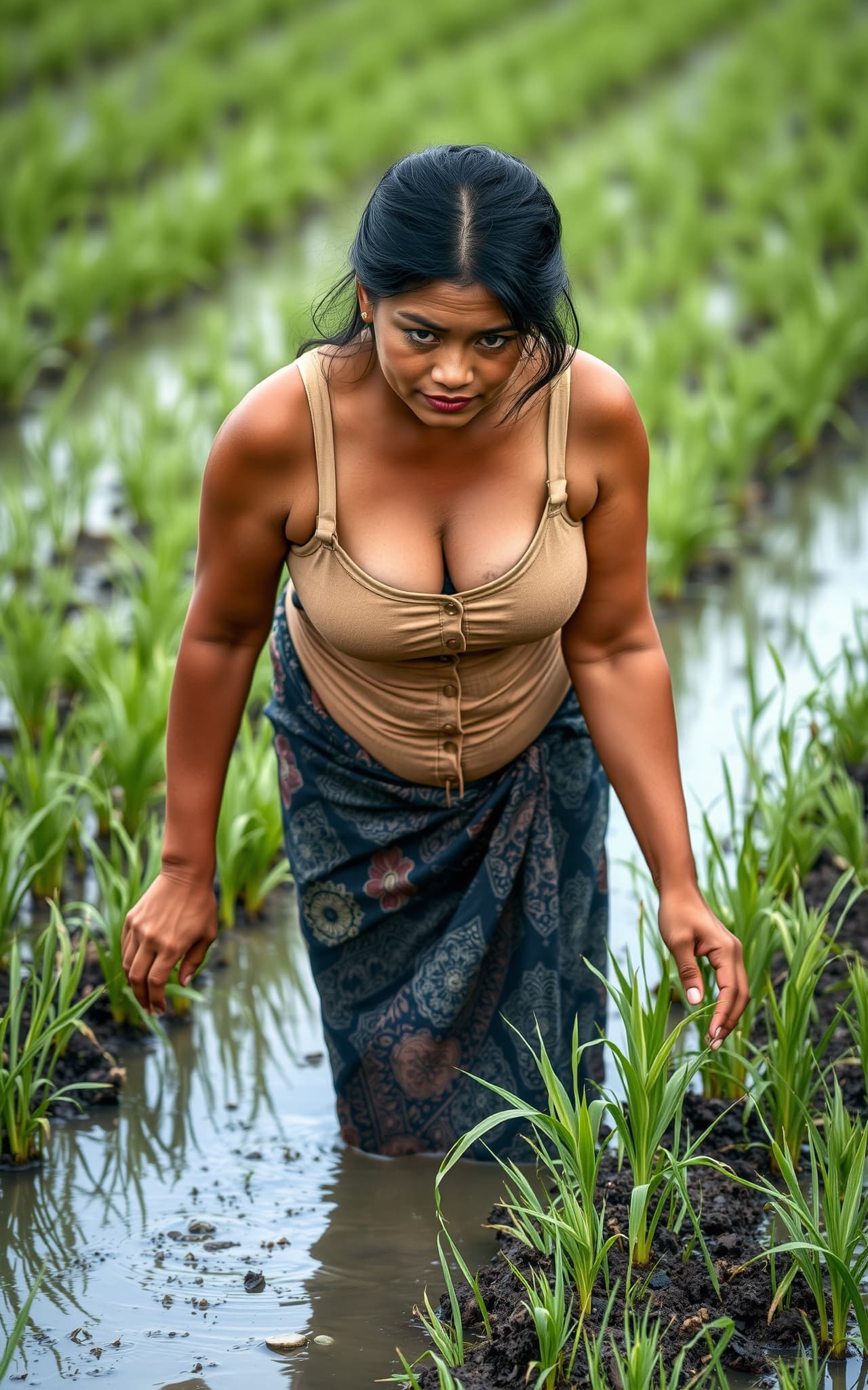 AI generated: Imagine Indonesian beautiful charming intriguing woman in the slightly flooded rice field bent over ...