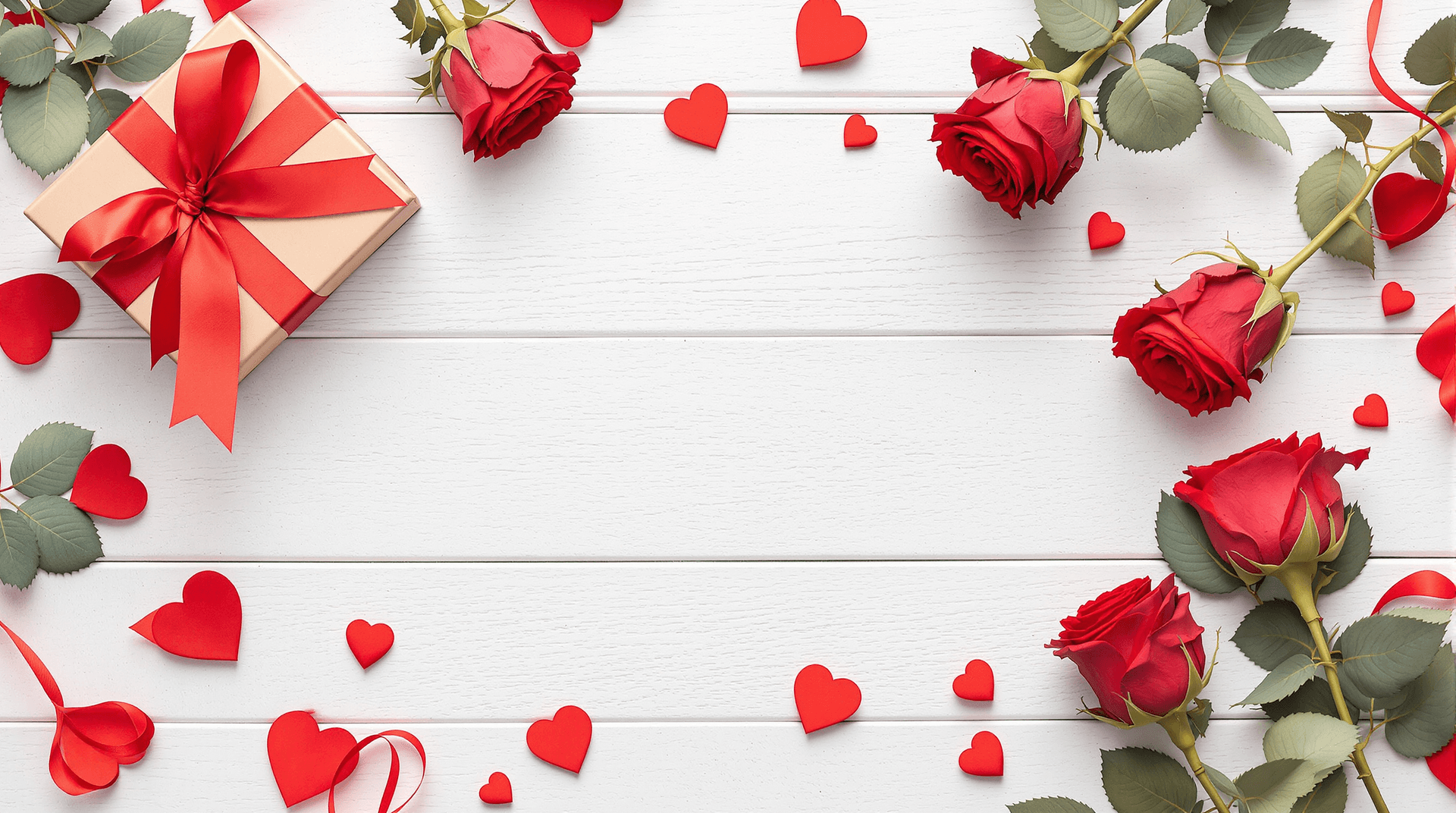 AI generated: Valentine's Day scene, romantic composition, red roses, gift box with red ribbon, small red heart de...