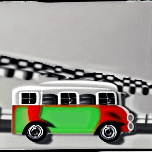 AI generated: One horizontal beer bottle that looks like a bus on wheels, nombre en la etiqueta CERVEZA COSTEÑA.CO...
