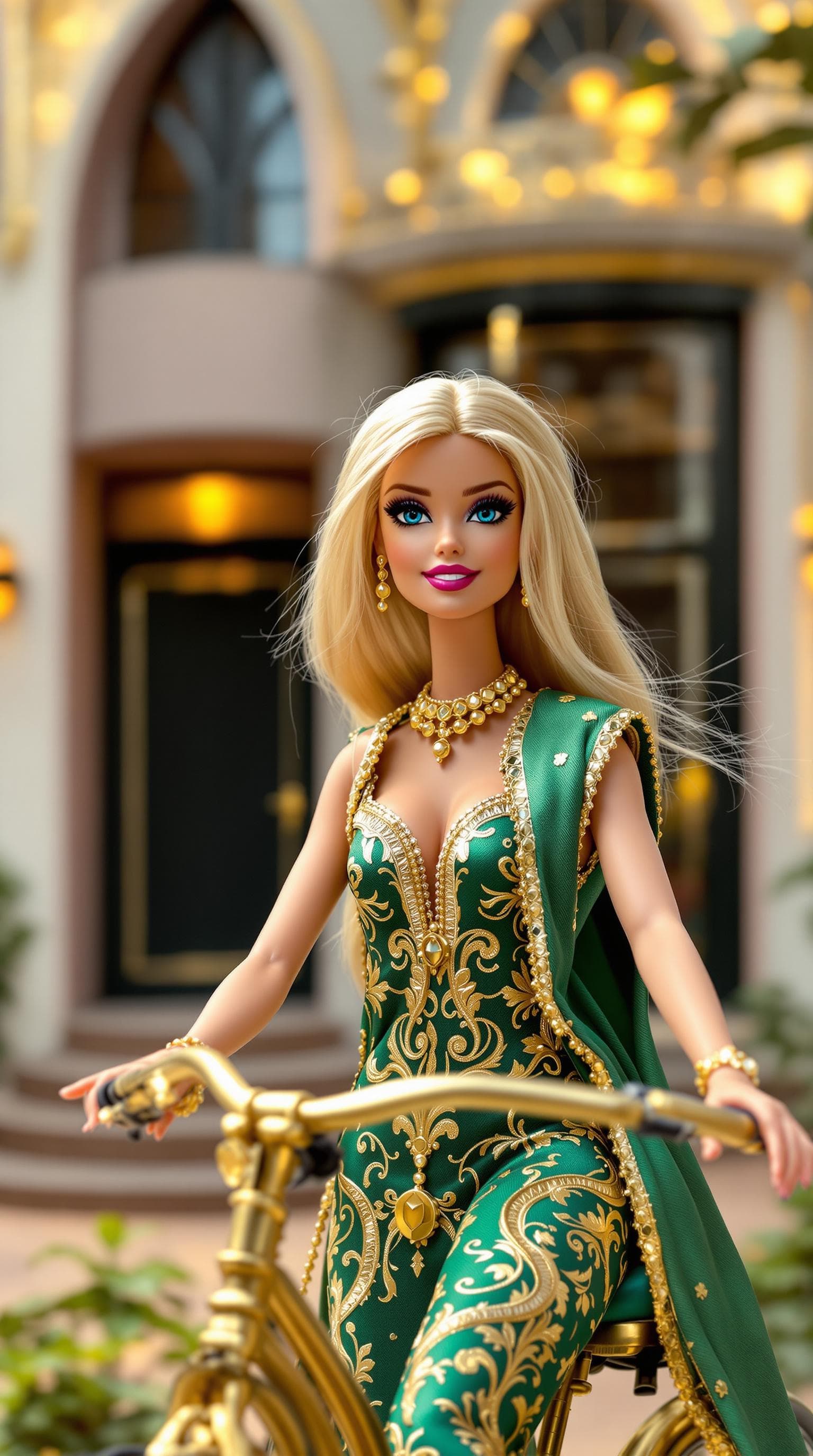 AI generated: photo, 20-year-old Barbie doll wearing art deco clothes, sitting on a bicycle in front of her art de...