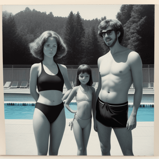AI generated: a girl, a lady, and a man wearing swuimsuits in front of a swiming pool, realistic photographic styl...