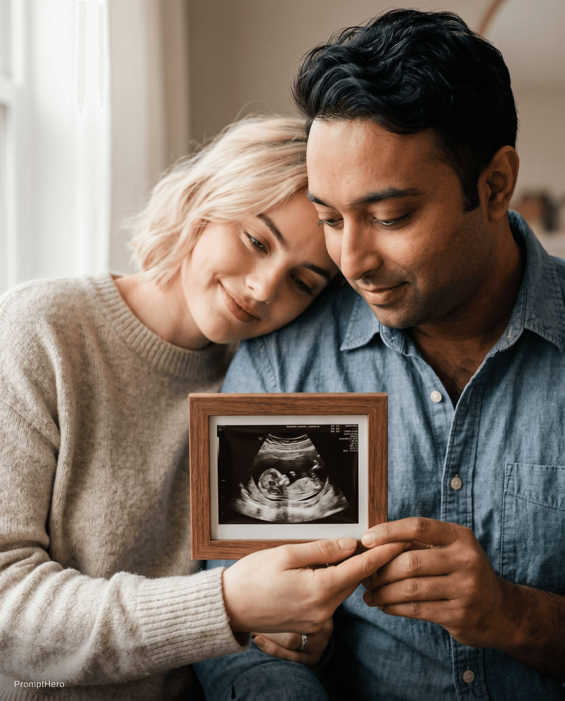 AI generated: Create a close-up photo of an expecting couple holding a framed ultrasound photo together, both hand...