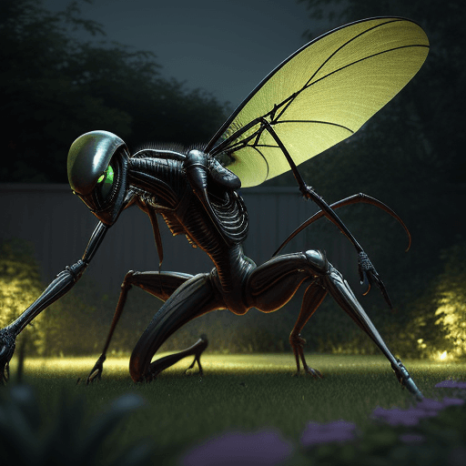 AI generated: alien mosquito attacking humans in a garden evening realistic octane render HD