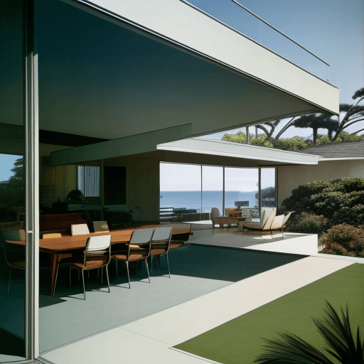 AI generated: Hyper realistic eye level exterior photo of a mid century modern style house overlooking the ocean, ...