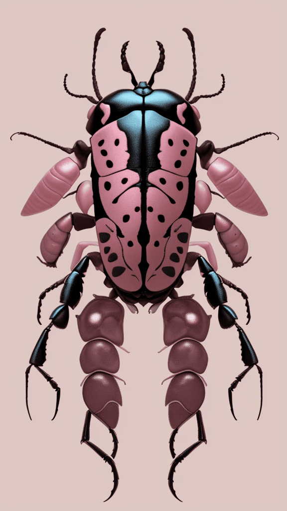 AI generated: floral beetle wearing a (long:1.2) pink (scarf:1.3), a beetle with arms and a head, (dark shot:1.17)...