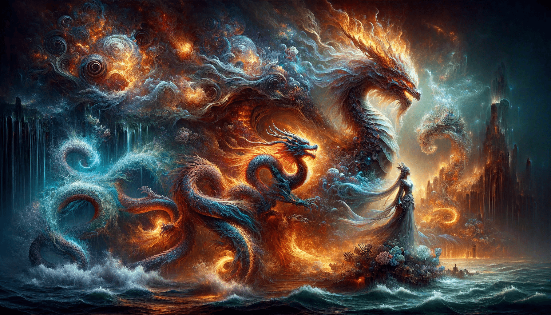 AI generated: Create a hyper-maximalist, detailed cinematic painting that blends the themes of fire and water, fea...