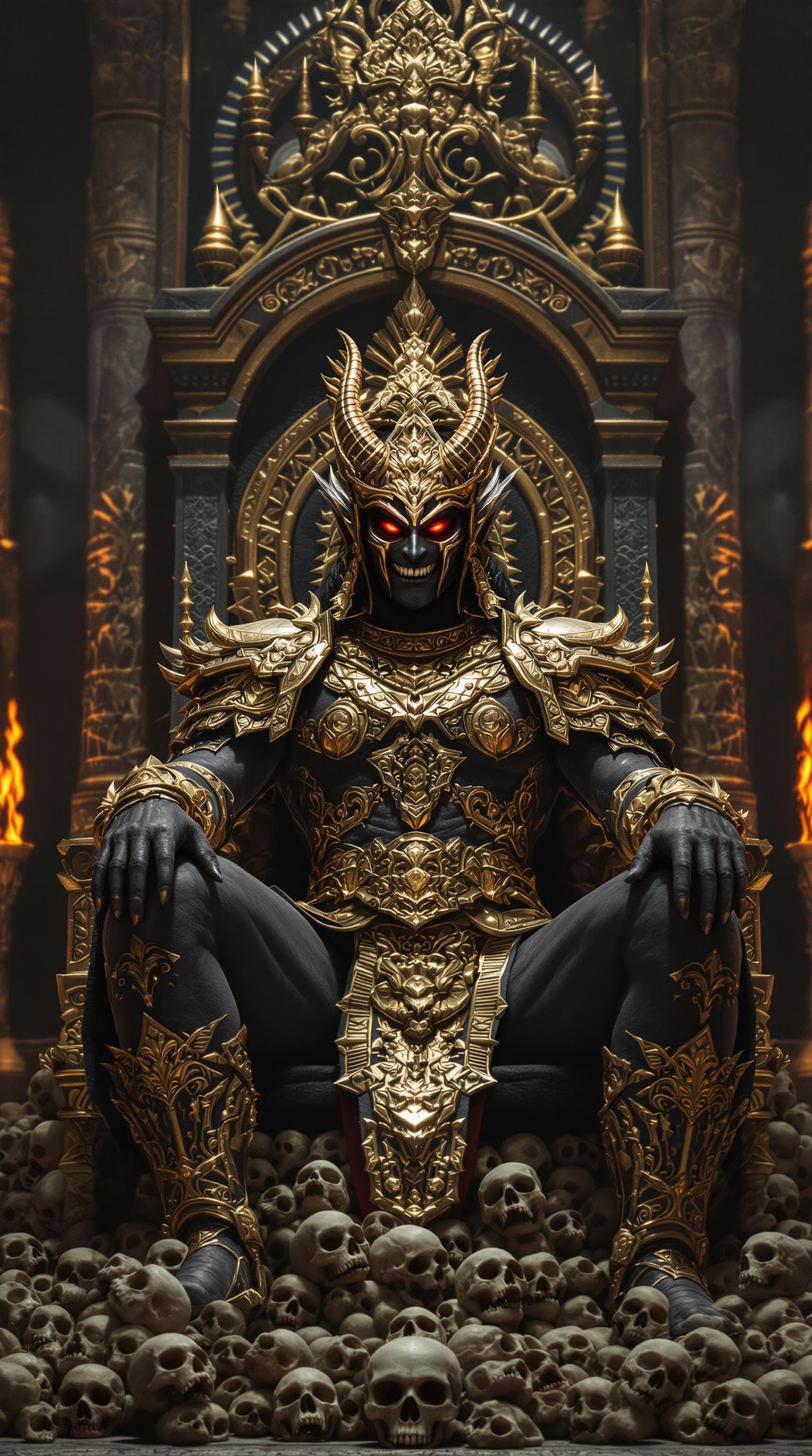 AI generated: Ultra-realistic cinematic portrait, Indian demon king Hiranyakashipu, dark skin, glowing red eyes, g...