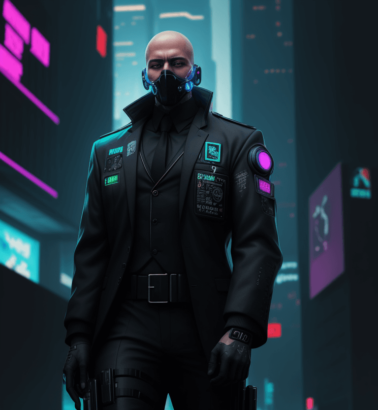 AI generated: cyberpunk security guard in a suit