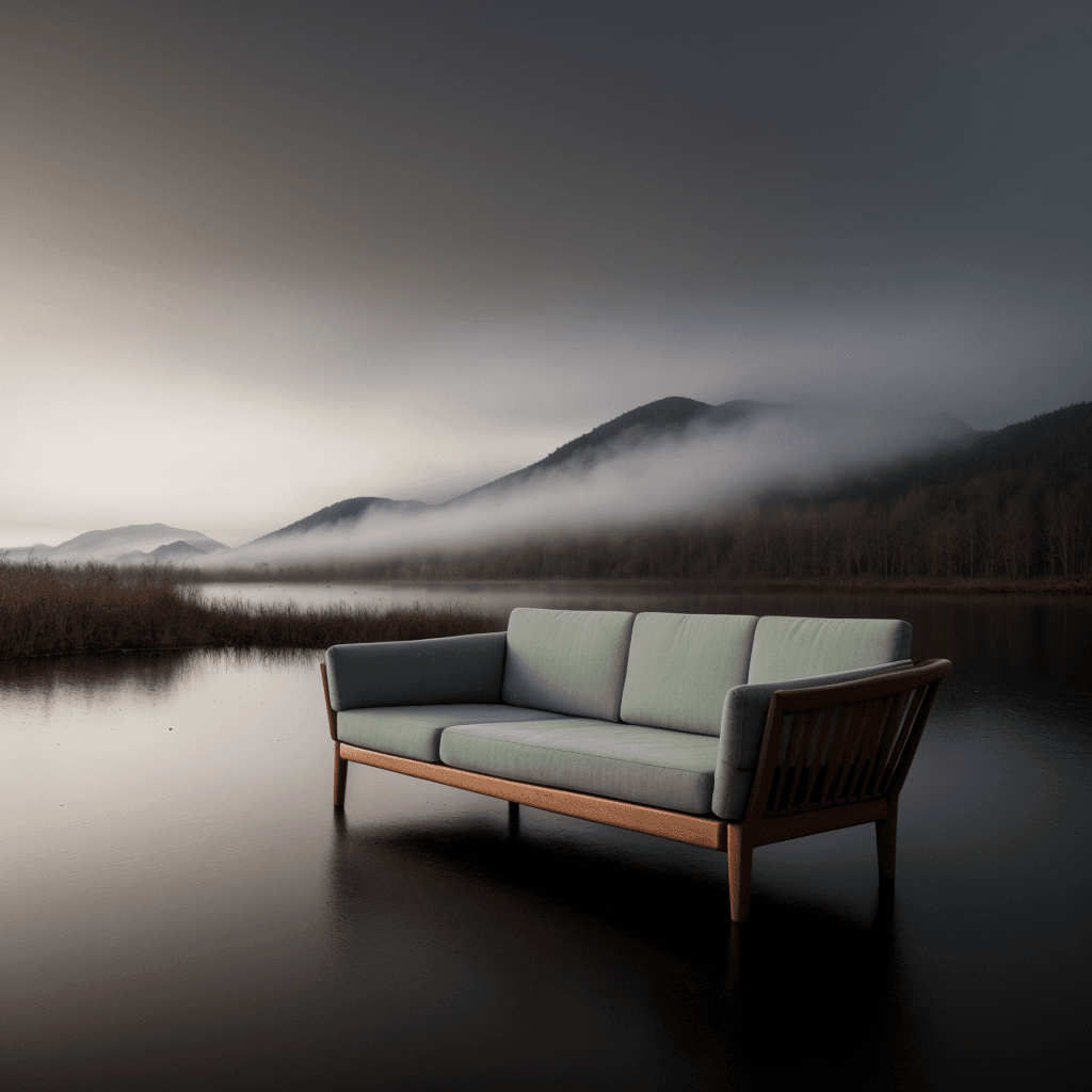 AI generated: Photo of a broken big sofa sticking out of the lake, fog mads berg, design chair by Hans Wegner, nor...