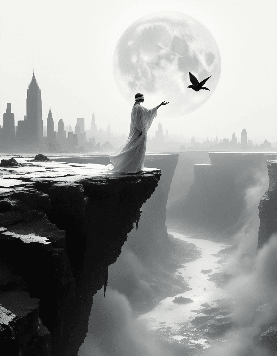 AI generated: A surreal, monochrome world suspended between light and void. A blindfolded figure in flowing white ...