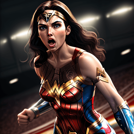 AI generated: WONDER WOMAN from marvel wearing the USA basketball uniform while doing a great dunk screaming, real...