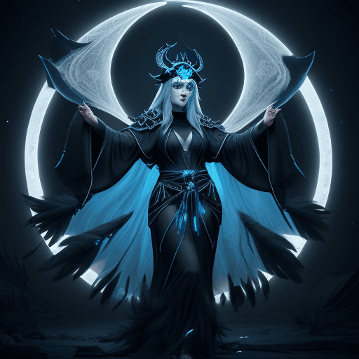 AI generated: pale woman, wearing obsidian black frabric robes with glowing blue runes, wearing a headdress made o...