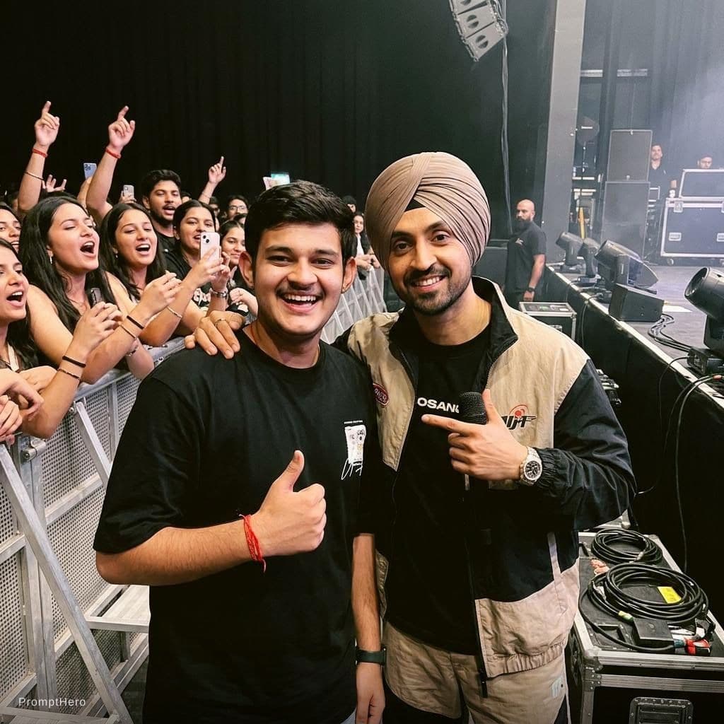 AI generated: with Diljit Dosanjh backstage at a concert, excited fans vibe