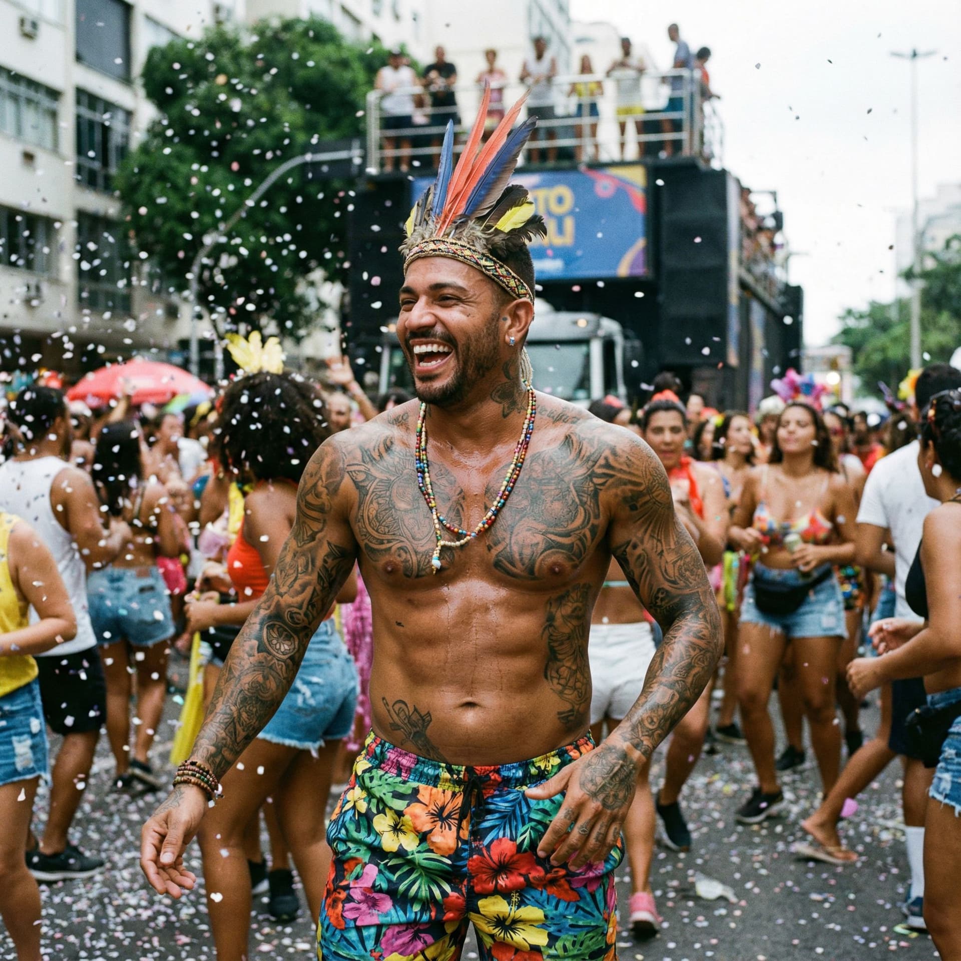 AI generated: MODELO BRASILEIRO TATUADO EM BLOCO DE CARNAVAL DE RUA.