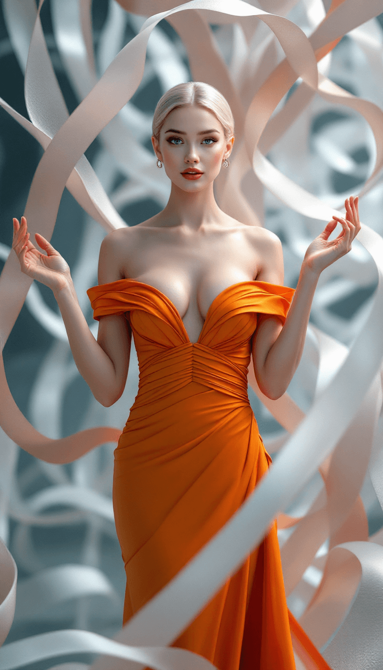 AI generated: The image features a woman standing confidently with both hands lightly touching the swirling, ribbo...
