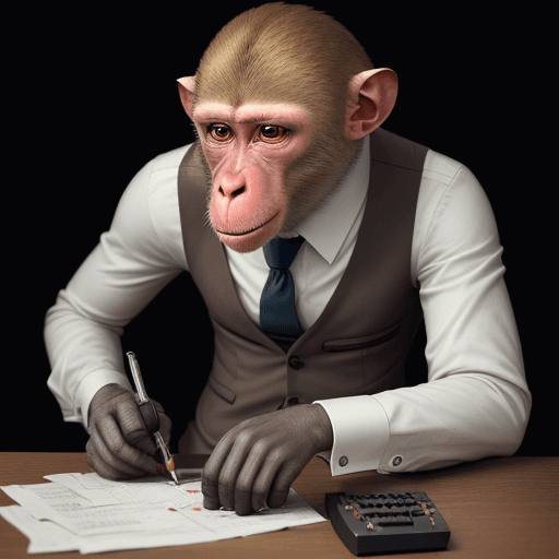 AI generated: friendly anthropomorphic rhesus macaque, doing calculations with a Hispano Olivetti Model Multisuma ...