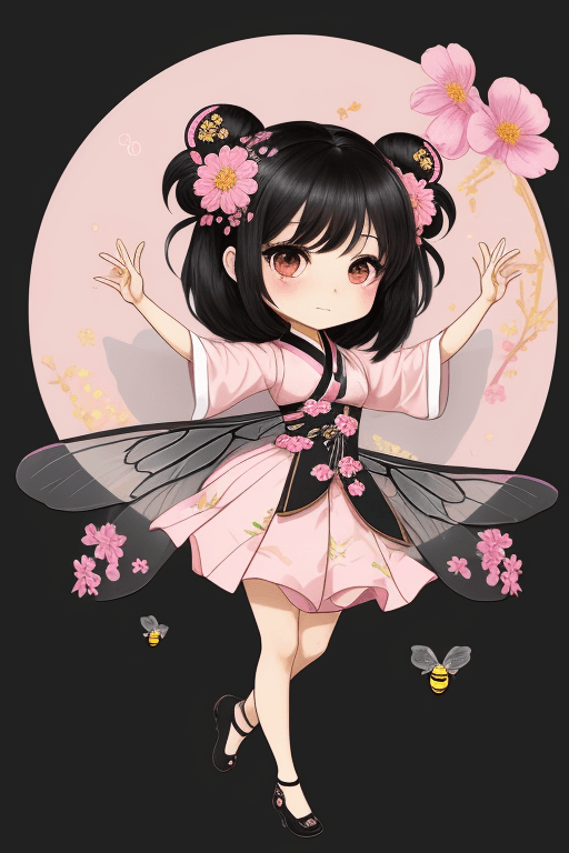 AI generated: ((chibi)), 1 cute girl,full-body,solo dancing,black hair, pink HanFu with flowers embroidered patter...