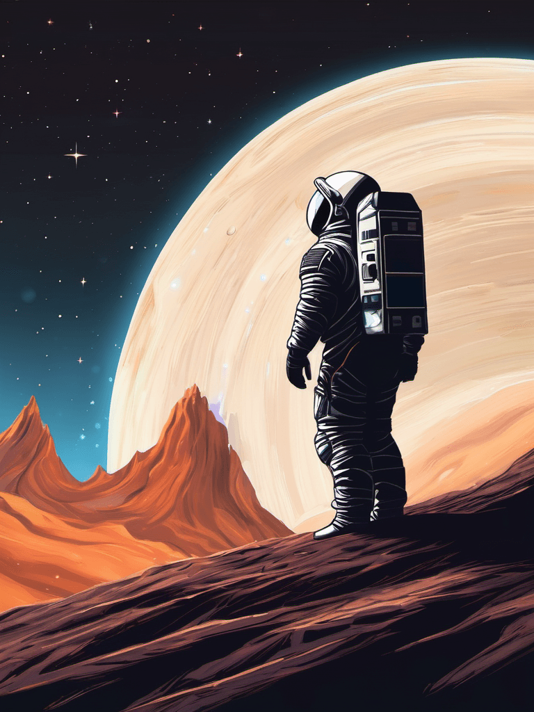 AI generated: A minimalistic digital painting of a solitary astronaut standing on the edge of a cosmic abyss. The ...