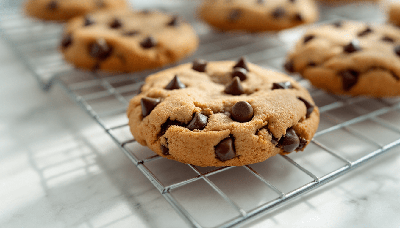 AI generated: A batch of chocolate chip cookies cooling on a wire rack, soft natural lighting.