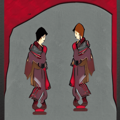 AI generated: two anime men standing on top of a mountain, in the style of dark gray and dark crimson, raw versus ...