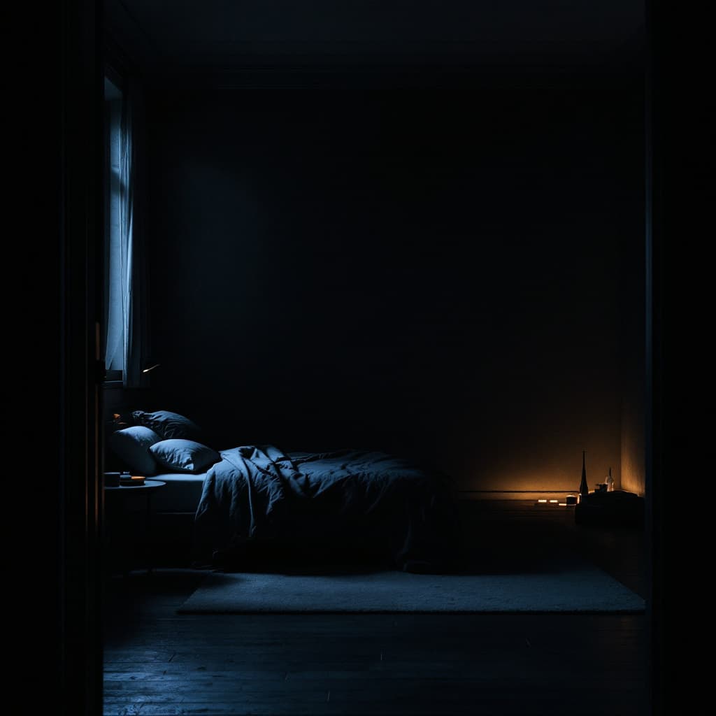 AI generated: A dark room seen from outside, is night, the lighting is dim ,it is a woman's room
