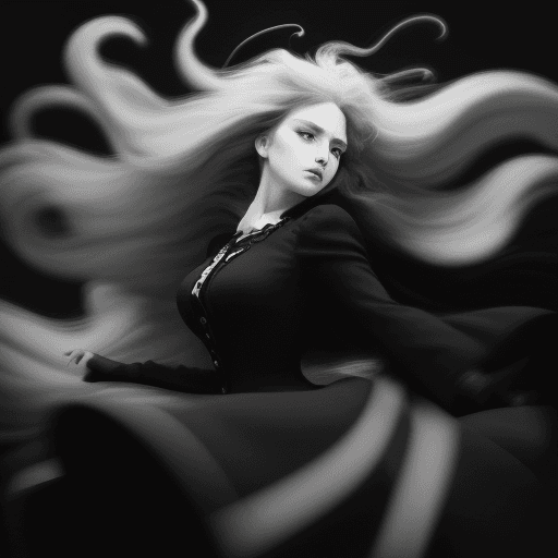 AI generated: a woman with long wild hair on a windy day, in the style of toy camera effects, haunting elegance, f...