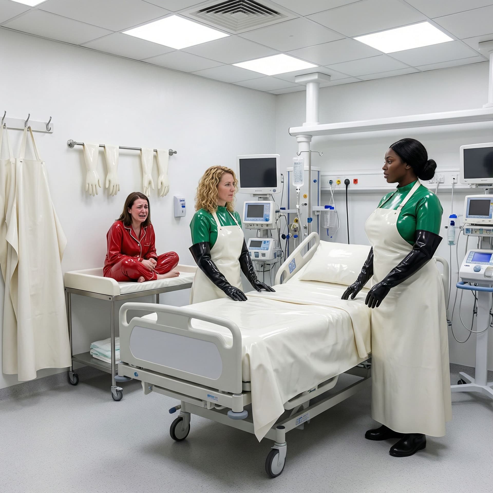 AI generated: Ein Krankenzimmer auf der Intensivstation, mit vielen Gerätschaften und Maschinen. An den Wänden hän...