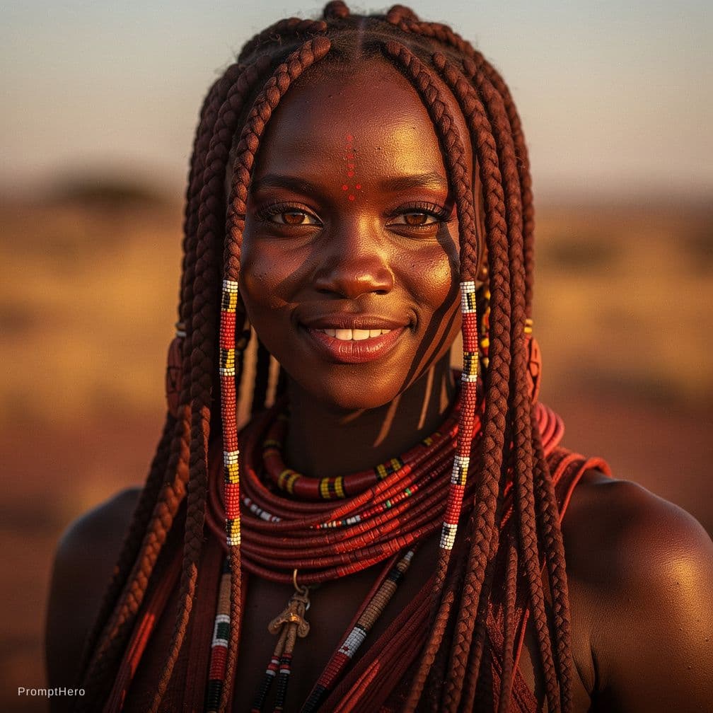 AI generated: A cute hot african woman tribe himba in african plains, thick jumbo braids, brown skinned stunningly...