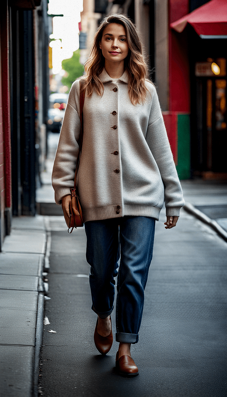 AI generated: The image features a woman walking down a city street, wearing a white sweater and blue jeans. She i...
