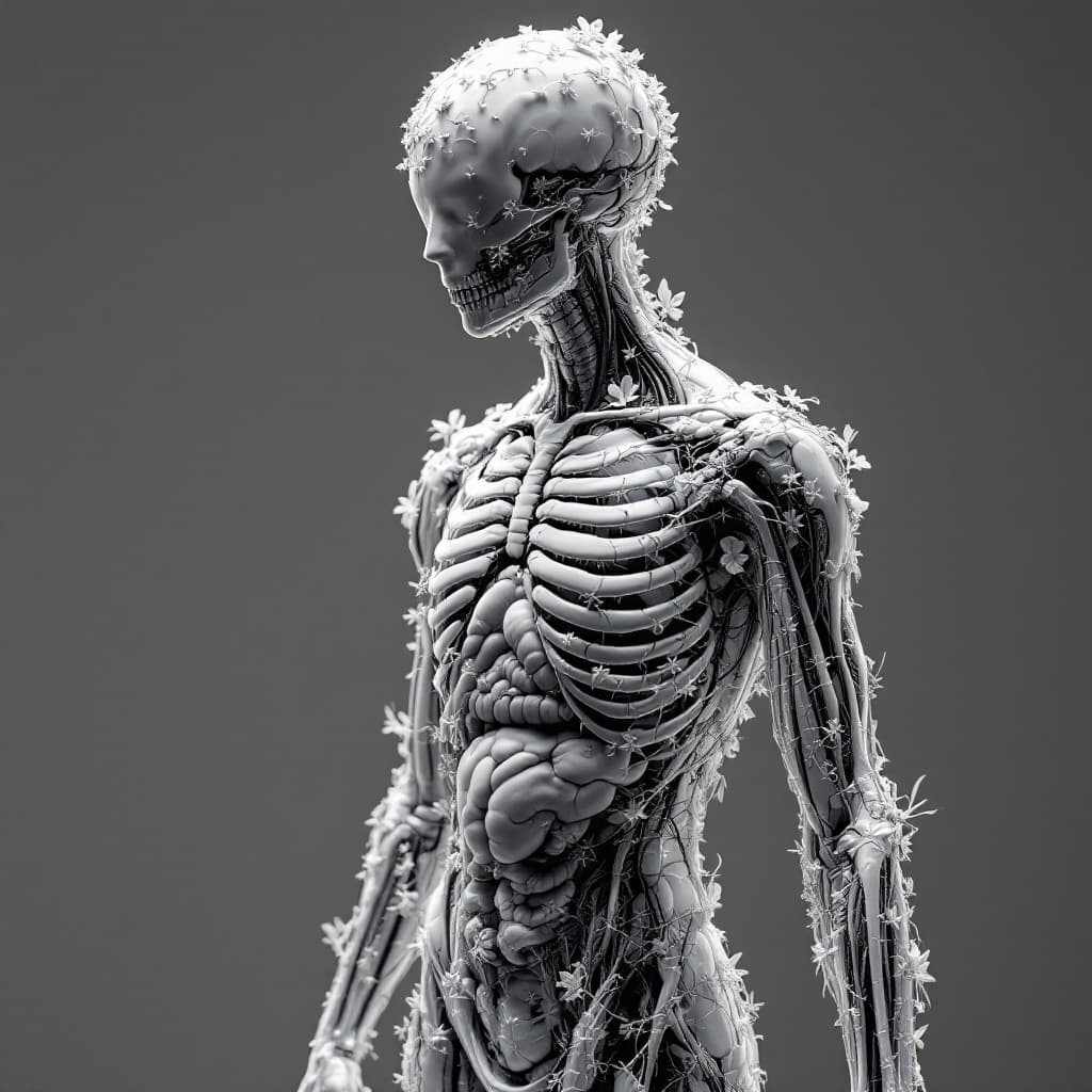 AI generated: 3d rendering, artistic anatomical render, ultra quality, human body with transparent skin revealing ...