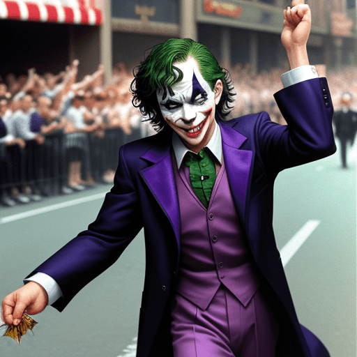 AI generated: Joker in a parade throwing money into the crowd in the style of Batman move 1989
